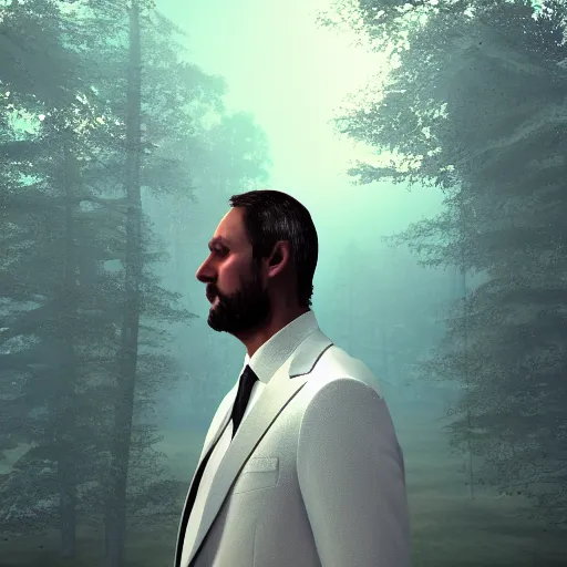 Image similar to a man with the head of a tv screen wearing white suit in the woods, cinema 4d, cinematic lighting, fog