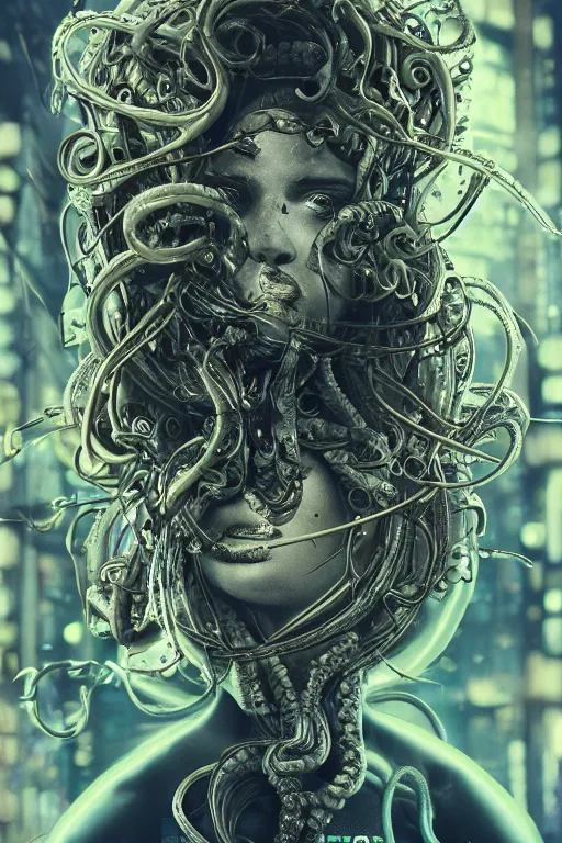 Image similar to Cyberpunk medusa, dark atmosphere, cinematic shot, intricate, ornate, photorealistic, ultra detailed, realistic, 35mm, photography, neon, octane, high definition, depth of field, bokeh, 8k, artstation, ((alphonse mucha))