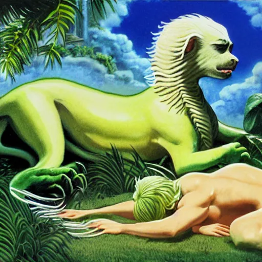 Prompt: falkor in a bright lush garden sleeping artwork by boris vallejo