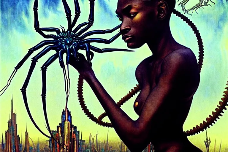 Image similar to realistic detailed portrait movie shot of a beautiful black woman riding a giant spider, dystopian city landscape background by denis villeneuve, amano, yves tanguy, alphonse mucha, max ernst, ernst haeckel, kehinde wiley, caravaggio, jean delville, david lynch, roger dean, cyber necklace, rich moody colours, sci fi patterns, dramatic, wide angle