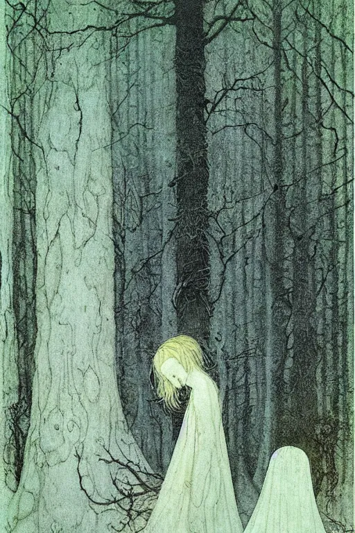 Prompt: the ghostly woman of the forest, john bauer