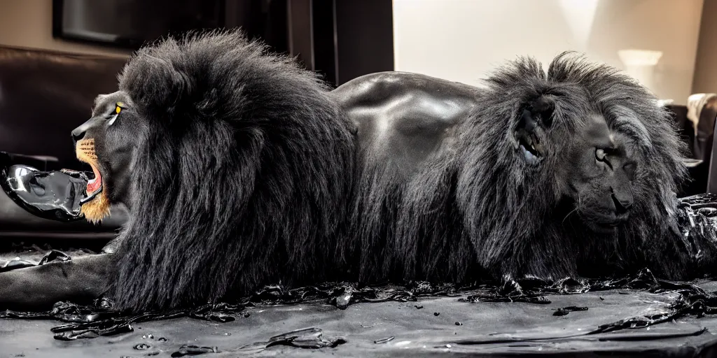 Image similar to the smooth black lion, made of smooth black goo, laying on the couch in the living room after bathing in the ferrofluid, viscous, sticky, full of tar, covered with black goo. photography, dslr, reflections, black goo