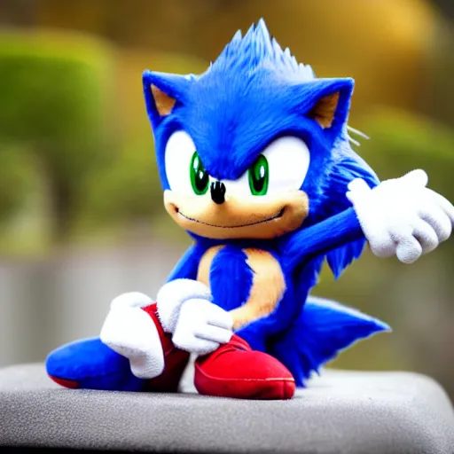 Prompt: plush doll of sonic the hedgehog sitting in vancouver during the morning, 8 k, cute, looks soft, high quality, hd resolution