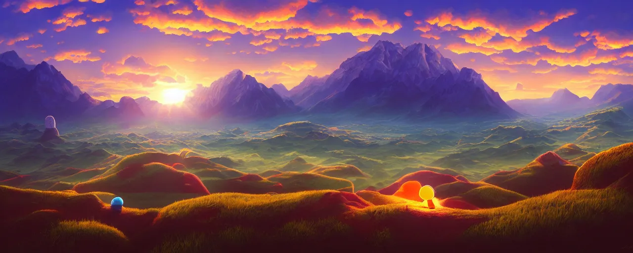 Image similar to detailed round pacman, with ghosts, in a beautiful nature landscape with clouds, mountains, in background, sunset, by rhads, pacman, detailed, coherent