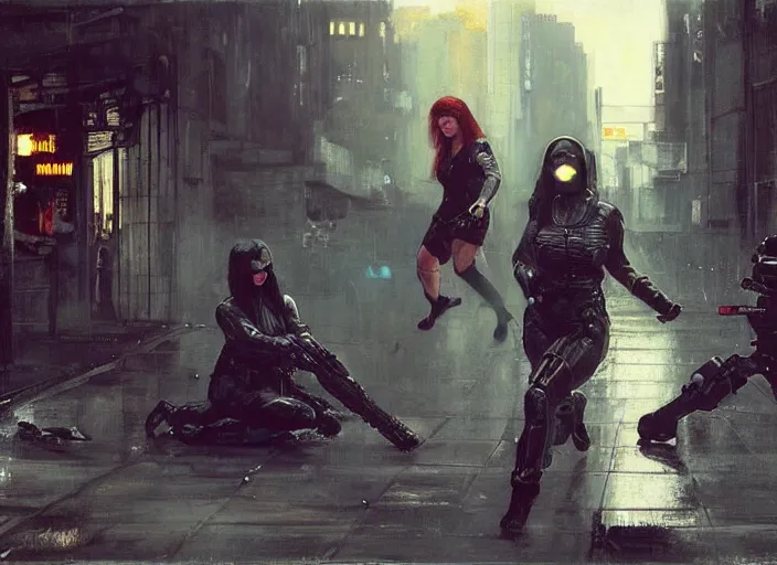 Prompt: sophia evades sgt Jonah. Cyberpunk hitwoman escaping Cyberpunk police troopers in street clothes (police state, Cyberpunk 2077, blade runner 2049, rainy city). Iranian orientalist portrait by john william waterhouse and Edwin Longsden Long and Theodore Ralli and Nasreddine Dinet, oil on canvas. Cinematic, hyper realistic, Dramatic lighting.