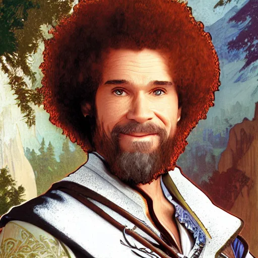 Image similar to an ultra detailed vector image of bob ross dressed as ezio auditore, concept art by alphonse mucha and greg rutkowski, praise the blood moon, octane render