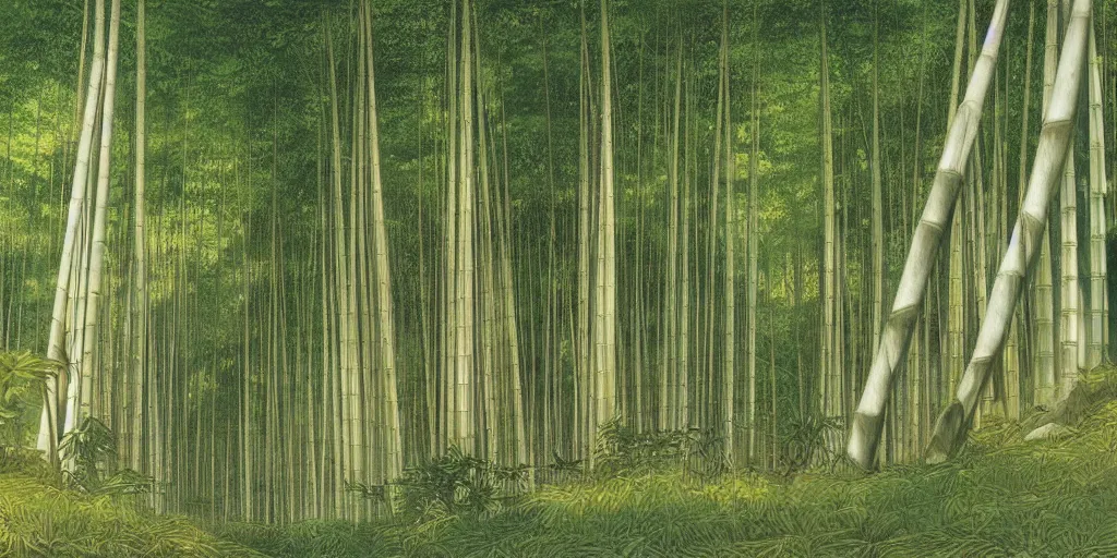 Image similar to art by john howe of the cinematic view of the sagano bamboo forest.