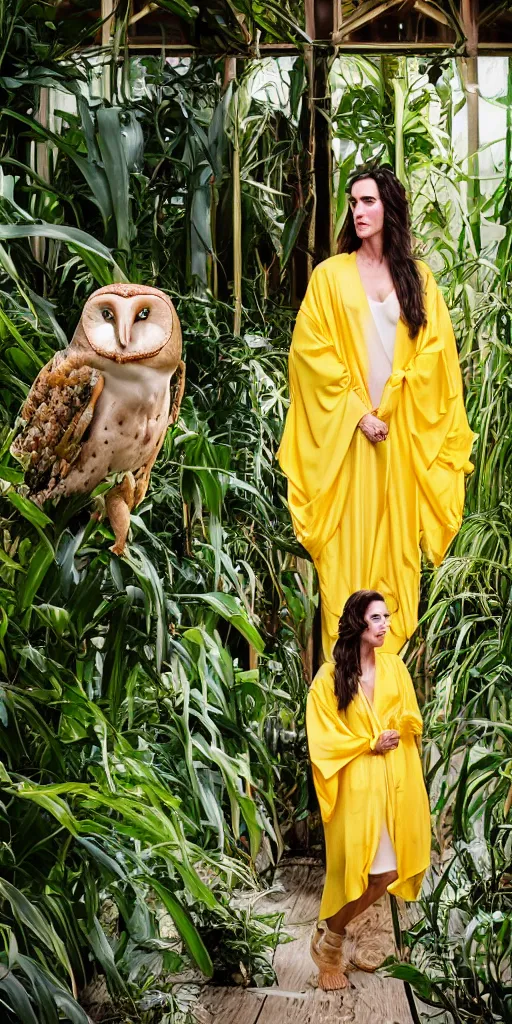 Image similar to Large format Portrait of Jennifer Connelly wearing a yellow kimono in a tropical greenhouse with a very detailed barn owl on her shoulder, medium format camera, 85mm f1.8, bokeh, sharp focus, detailed, centered, Fashion shoot 8k, dreamy, elegant