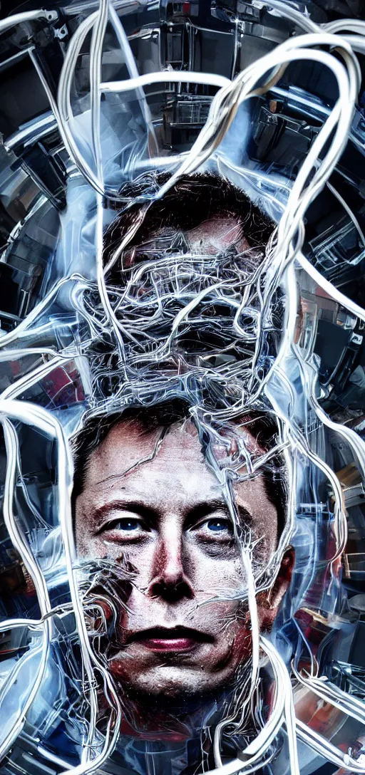 Image similar to horror picture of elon musks face dissolving into tubes and wires, 4K,