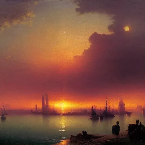 Image similar to a sunset overlooking a utopian city, by ivan aivazovsky