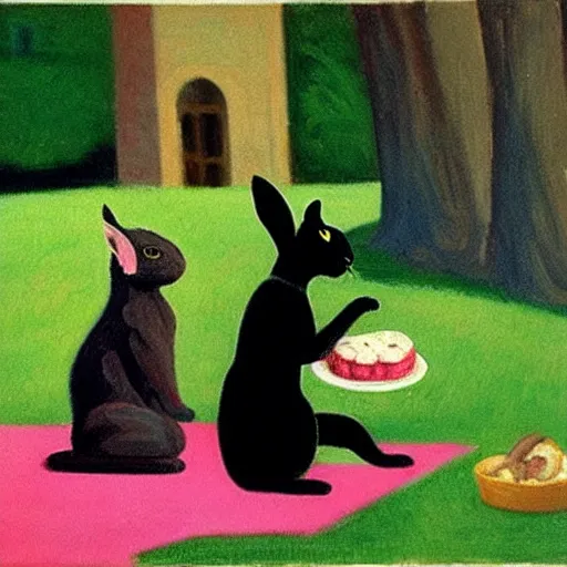 Prompt: black cat having a picnic with a bunny, the bunny has pink fur, highly detailed, painted by Edward Hopper