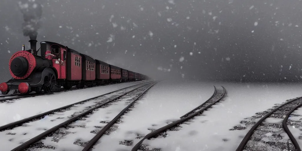 Prompt: a high detail photograph of a heavy steam train in the snow under a blizzard, realism, 4 k, award winning photograph, octane render, award winning photograph