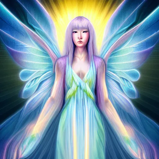 Image similar to portrait shoulder level close up image of a seraphim angel human soul light visualized as human form inspired by yuka morii and aaron blaise