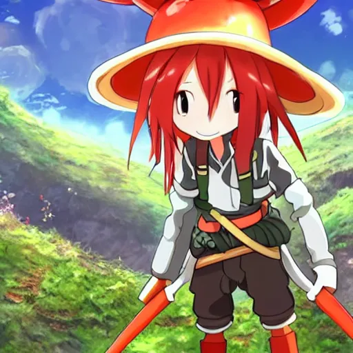 Prompt: cute android humanoid with big tomato hat and a carrot sword, made in abyss style, anime