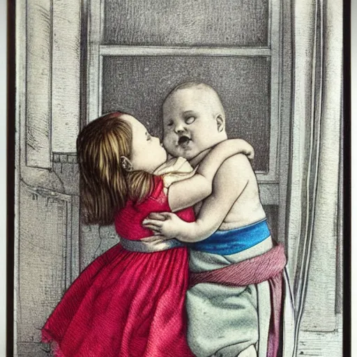 Image similar to the same style. the most beautiful little fat sweet girl is kissing a huge colorful cute fish. modern etching. colored print. hype realistic scene. old photography style. studio lighting. window