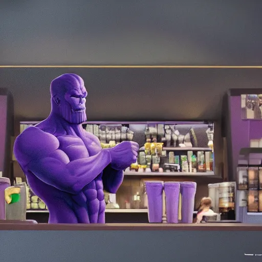 Prompt: thanos working at starbucks, oil painting, octane render