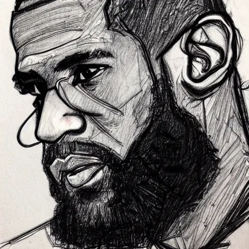 Image similar to a realistic yet scraggly portrait sketch of the side profile of a stern and sophisticated lebron james, trending on artstation, intricate details, in the style of frank auerbach, in the style of sergio aragones, in the style of martin ansin, in the style of david aja, in the style of mattias adolfsson