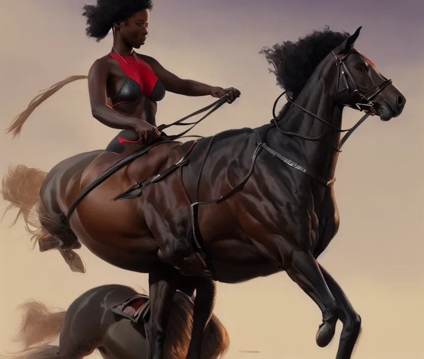 Image similar to full body portrait of beautiful black woman riding a thoroughbred, cinematic, highly detailed, digital painting, artstation, concept art, smooth, sharp focus, illustration, face by wlop, illustrated by mars ravelo and greg rutkowski