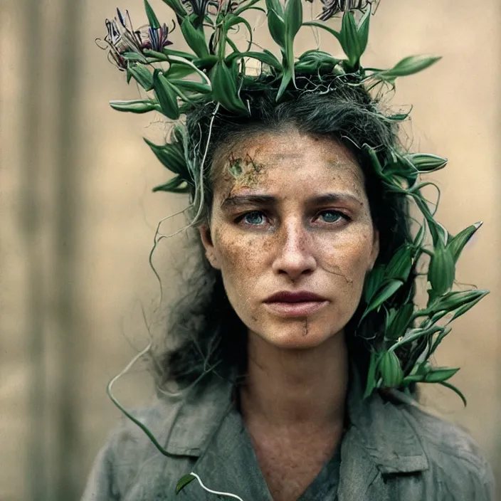 Prompt: closeup portrait of a woman with wire and lilies growing out of her face, standing in a desolate apocalyptic city, by Annie Leibovitz and Steve McCurry, natural light, detailed face, CANON Eos C300, ƒ1.8, 35mm, 8K, medium-format print