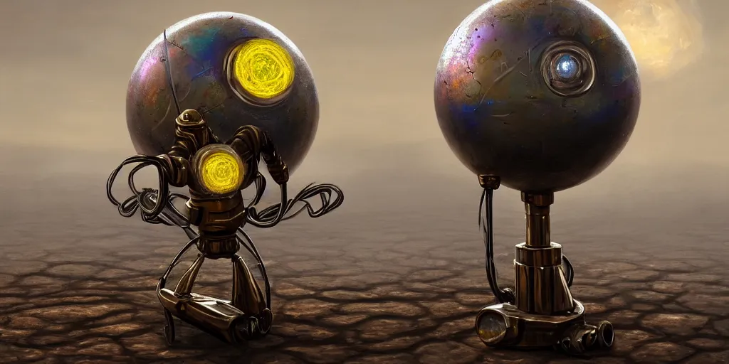 Image similar to tarnished chrome drilling robot with a sphere for a head, matte oil painting, retrofuturistic, colorful, concept art, science fantasy, mutant, lgbt, rpg, epic, rusted, salt, jungles, dungeons & dragons, sharp focus, award - winning, extremely detailed, 4 k, 8 k