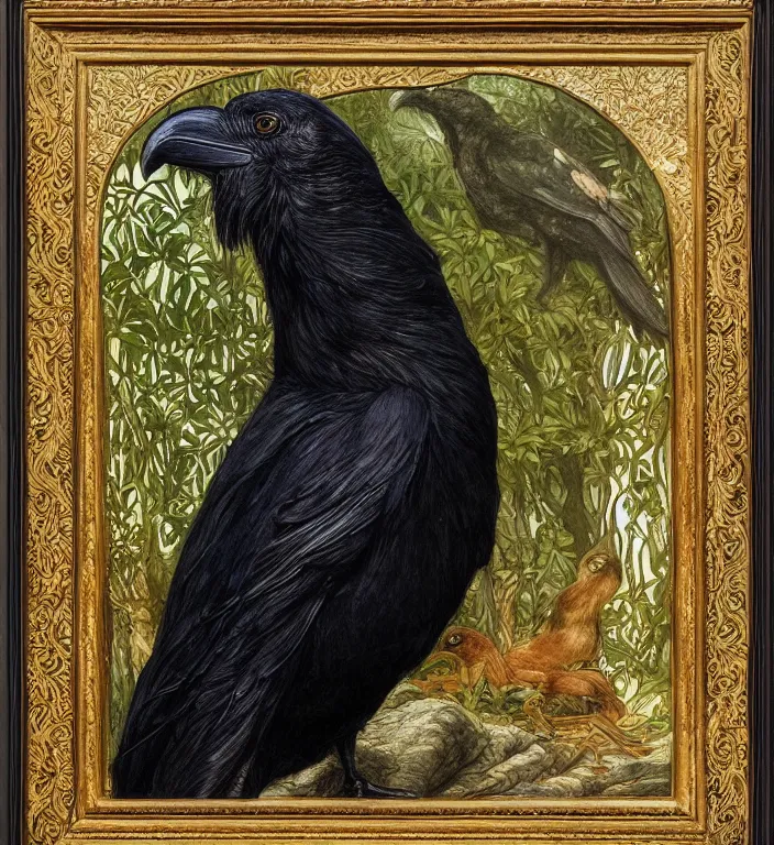 Image similar to a breathtakingly stunningly pre raphaelite beautifully highly detailed close up animal portrait of a majestic raven, in an forest arch with smokey water reflections, framed, by rosetti and devinci and morris and walter crane and michael cheval and sidney cooper and turner, 4 k