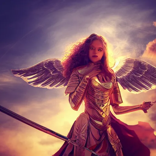 Prompt: Portrait of a beautiful woman in angelic battle armor and wings, wielding a flaming sword, among the clouds, golden hour, cinematic, epic, 4k, stylized, realism