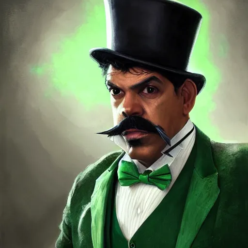 Image similar to hyper realistic portrait, beautifully rendered, luis guzman as dapper fancy luigi wearing a green top hat, green suit and bowtie, smirking deviously, painted by greg rutkowski, wlop, artgerm, dishonored 2