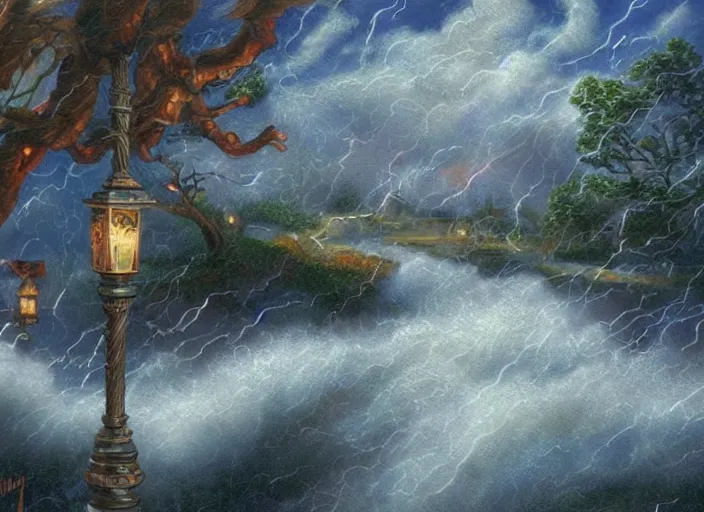 Prompt: tarot cards being cast from a magical storm,, painting in the museum, highly detailed, sharp focus, digital painting, artwork by kinkade