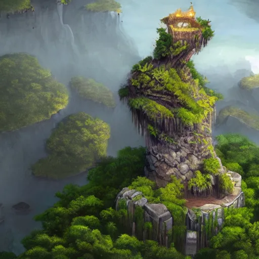 Prompt: Flying island with stone tower and a lot of jungle trees , 8k, detailed, concept art, trending on artstation