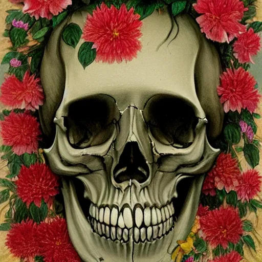 Image similar to a painting by Thomas Cole of a skull with flowers growing out, highly detailed 3d rendering from 1996