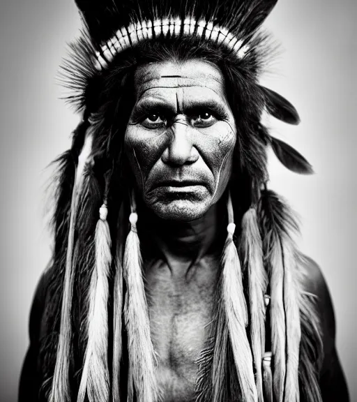 Image similar to Award winning Editorial photo of a Native Iroquois with incredible hair wearing traditional garb by Edward Sherriff Curtis and Lee Jeffries, 85mm ND 5, perfect lighting, gelatin silver process