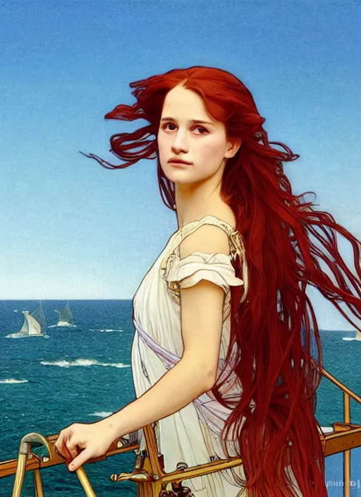 Prompt: a pretty young alicia vikander with long red hair blowing in the wind is leaning on the rail of a sailing ship, looking out to sea, path traced, highly detailed, high quality, digital painting, by studio ghibli and alphonse mucha, ron cobb, leesha hannigan, hidari, art nouveau, chiho aoshima, jules bastien - lepage