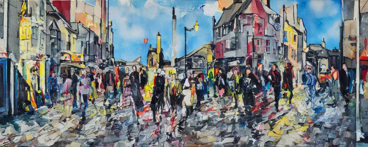 Prompt: a painting of street life in kirkwall orkney, emotive, chaotic, bold, riotous, random