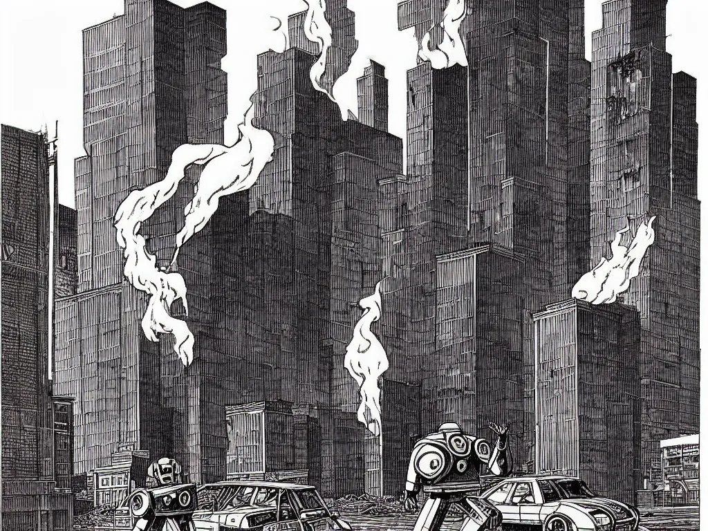 Prompt: an full body Giant classic robot walking down the street, pondering his destruction of the city and if it was worthwhile, a building is on fire smoking and a crushed car is under the foot of the giant robot by Richard Corben