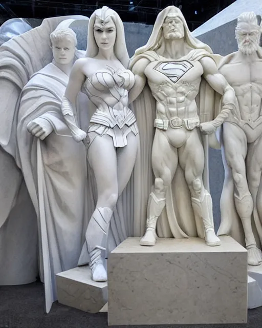 Image similar to a giant white marble sculpture depicting the Justice league, detailed, intricate Marble sculptures of The Superman, Wonder Woman all carved out of one giant Block of Marble