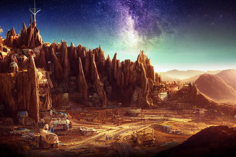 Image similar to favela spaceship cathedral bunker, desert environment, industrial factory, cliffs, peaks, bright, milky way, award winning art, epic dreamlike fantasy landscape, ultra realistic,