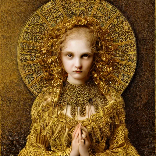 Prompt: a beautiful girl made of ivory and gold, highly intricate, digital art, very detailed, in the style of a weird and dark art noveau flemish painting, by gustave doré