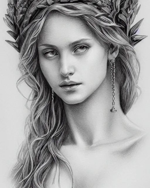 Prompt: pencil drawing of the beautiful greek goddess aphrodite wearing a laurel wreath and arrowhead earrings, beautiful confident eyes, beautiful flowing hair, white god eyes, hyper realistic face, in the style of greg rutkowski, fantasy, amazing detail, epic, elegant, smooth, sharp focus, from the front