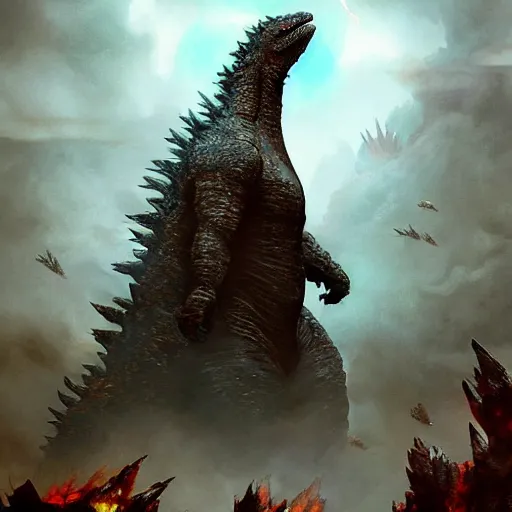 Image similar to Emma stone as Godzilla, Magic the Gathering art, art by greg rutkowski, matte painting, trending on artstation, very detailed