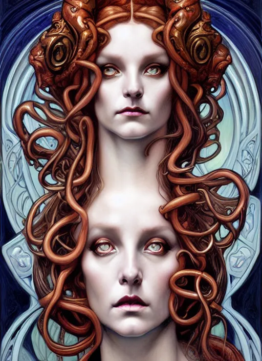 Image similar to an art nouveau, medusa portrait in the style of charlie bowater, and in the style of donato giancola, and in the style of charles dulac. very large, clear, expressive, intelligent eyes. symmetrical, centered, ultrasharp focus, dramatic lighting, photorealistic digital painting, intricate ultra detailed background.