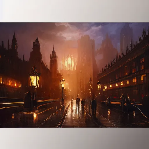 Prompt: a beautiful artwork painting of an alien mothership hovering above rainy victorian london at sunset, by andreas rocha, featured on artstation