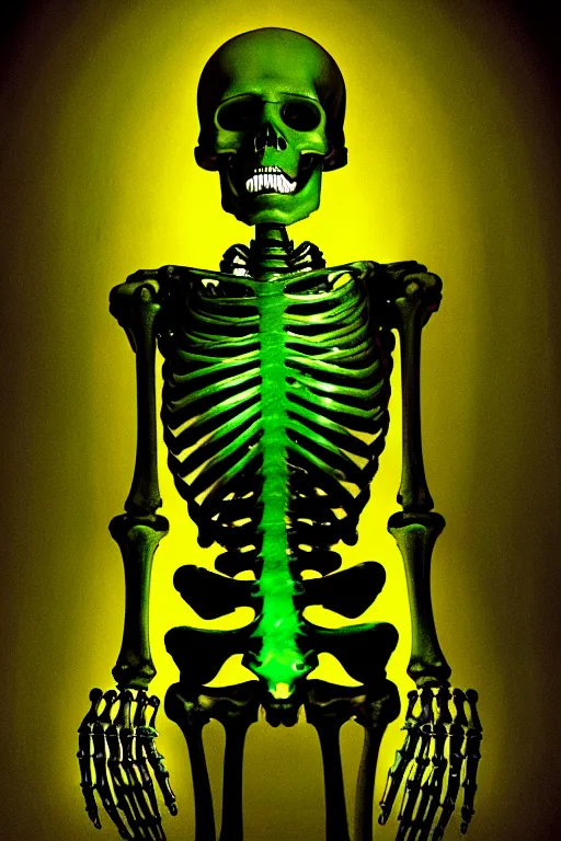 Image similar to portrait of a cybernetic skeleton holding one hand aloft, glowing green candles, oil painting, high detail, dark lighting, atmospheric, extremely detailed, intricate, da vinci, michelangelo, caravaggio, hans holbein, raphael, donatello, 8 k