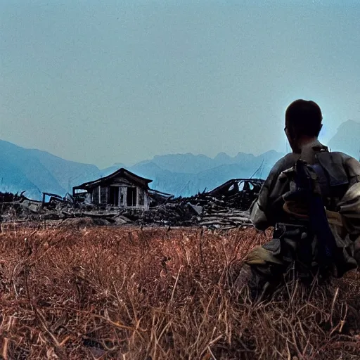 Prompt: film still, far view, landscape, emma watson soldier portrait close up in foreground, burning vietnam village, kodak ektachrome, blue tint expired film,