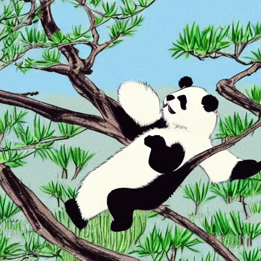 Prompt: panda practicing kung-fu on top of an apple tree, wide view of the valley, bamboos in the background, studio Ghibli style