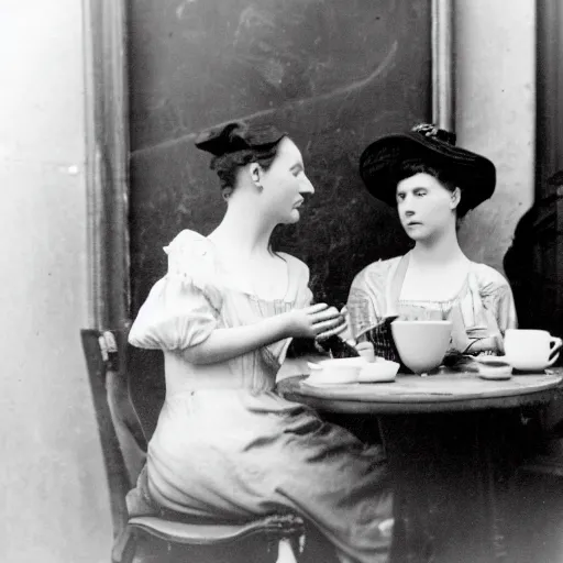 Image similar to a black and white photograph of two young edwardian women sitting in a cafe in paris