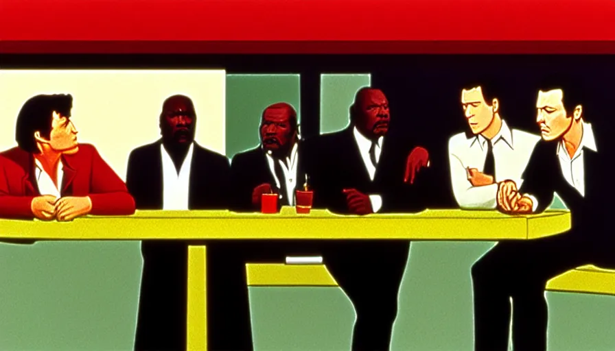 Prompt: jules from pulp fiction, christopher walken, gary oldman and ving rhames. in line at big kahuna burger. by edward hopper