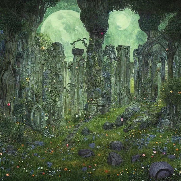 Image similar to ancient overgrown! ruins, medieval gates, runestones, mysetrious etherial mesmerizing runic!! cat eyes, magical elven geometry, concept art by gustav klimt!!, deviantart contest winner, environmental art, fairy circle, lit by moonlight!!, high detail, intricate masterpiece