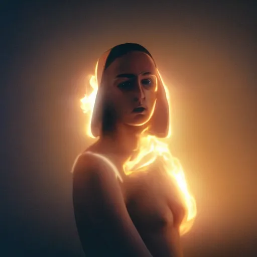 Prompt: The full body shot of beautiful pale woman with white flowers and full-face golden mask inside a thick black smoke in rocky desert landscape, glowing eyes everywhere, burning earth by Gaspar Noe and Christopher Doyle, anamorphic lens, anamorphic lens flares, kodakchrome, cinematic composition, practical effects, award winning photo, 8k,