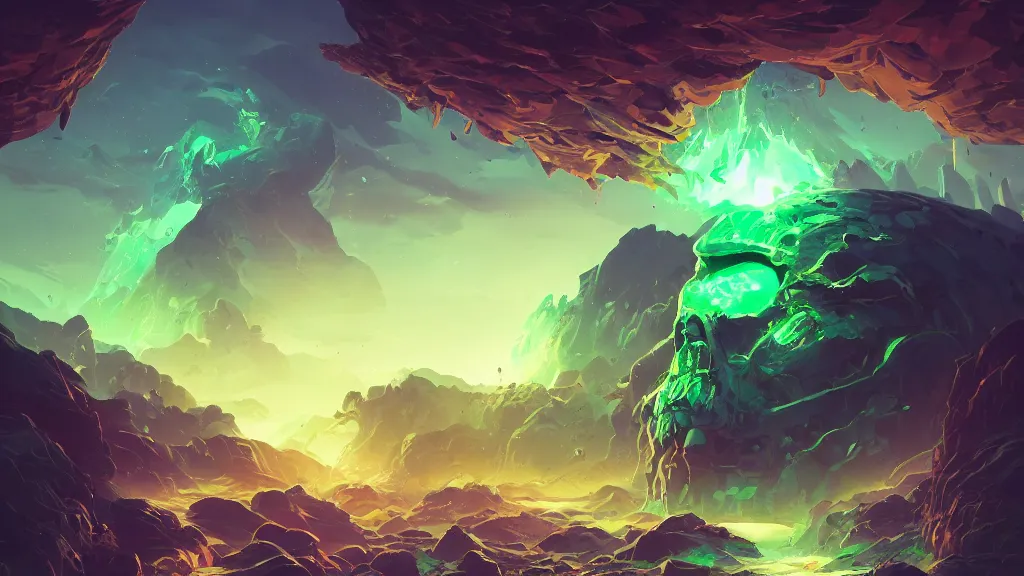 Image similar to giant green skull falls on the earth, meteor, crash, waves of energy, by sylvain sarrailh, rossdraws, ambient light, ultra detailed, fantasy artwork, 8 k, volumetric lighting, trending on artstation, award winning, very beautiful.