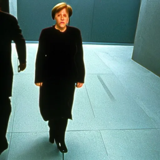 Image similar to Angela Merkel as Neo or Morpheus, in the movie The matrix, 1999. Cinematic. Movie footage.